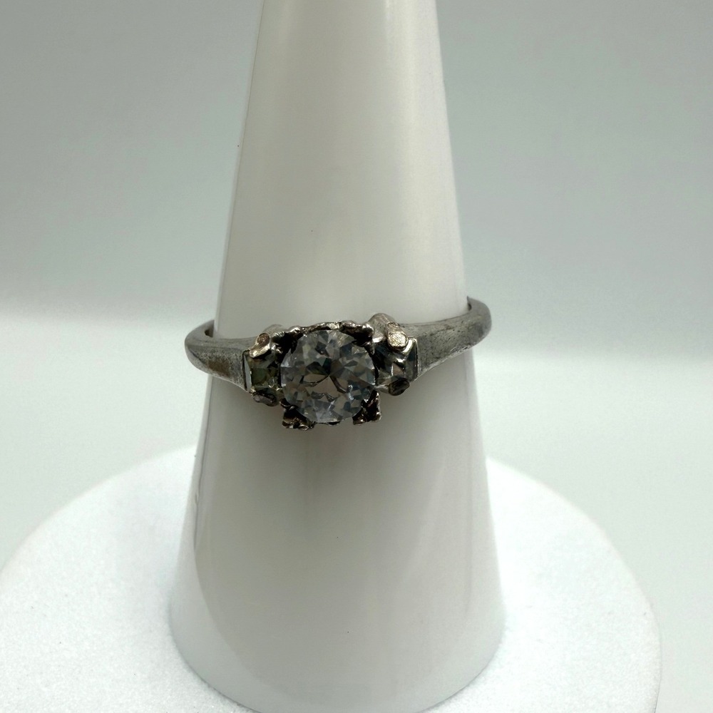 Sterling Silver Three Stone Ring Clear Round Cut Size 7.5 Vintage Style